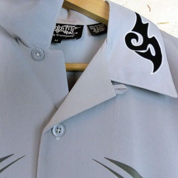 VTG Dragonfly Shirt Men M Gray Black Tribal Flame Button Loop Collar Grunge Bike - Picture 6 of 13